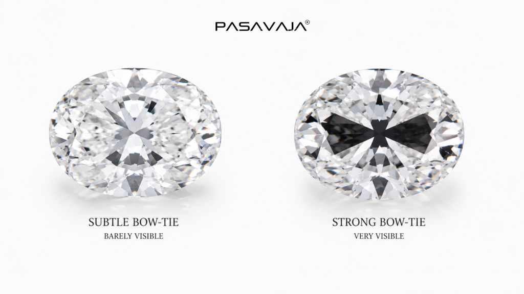 Oval diamond subtle bow-tie vs strong dark bow-tie comparison