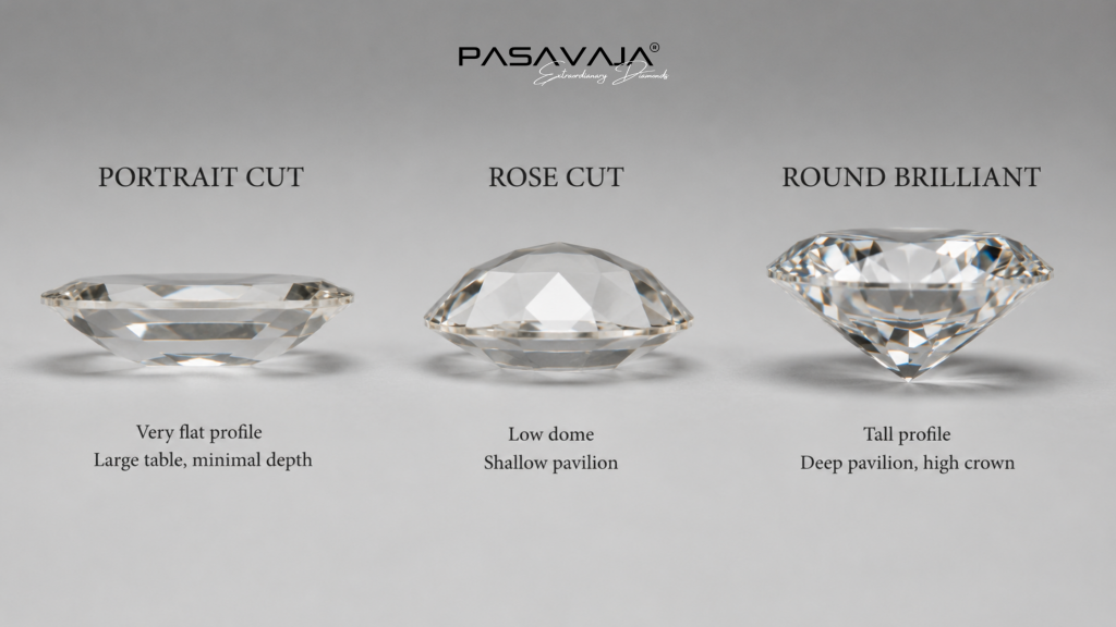 Portrait cut vs rose cut diamond profile depth comparison