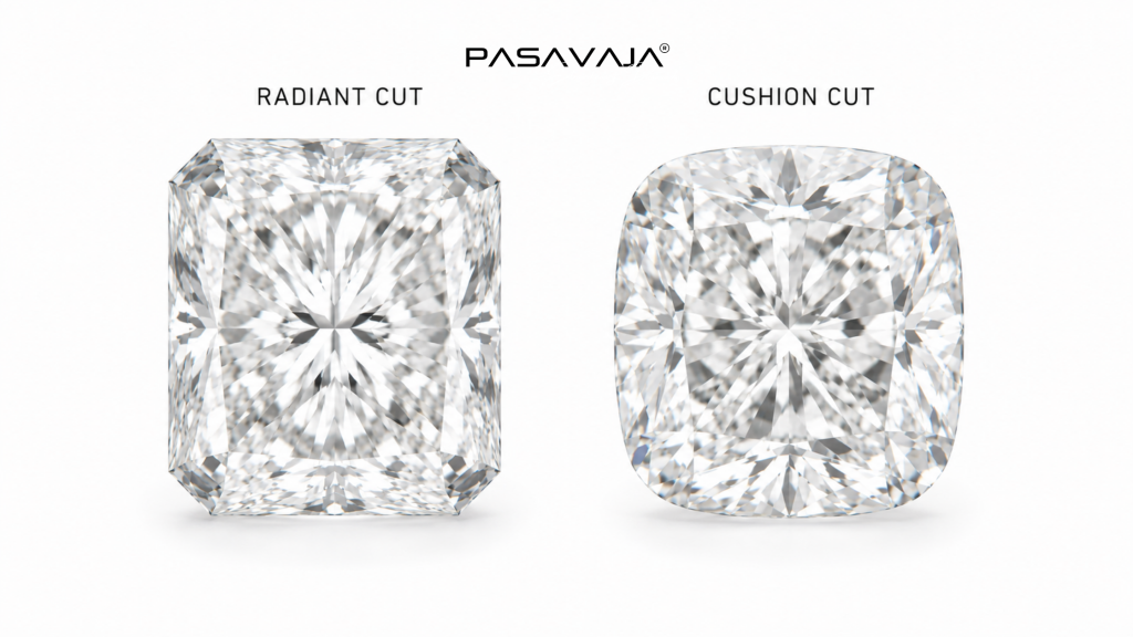 Radiant cut vs cushion cut diamond comparison face-up