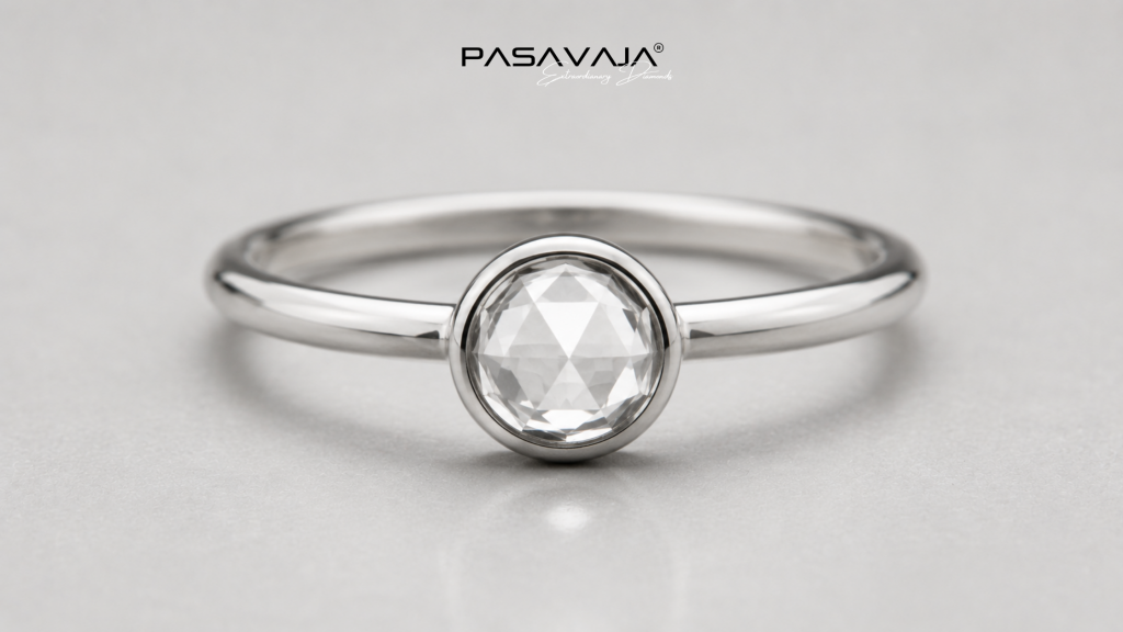 Rose cut diamond minimalist bezel ring modern platinum setting