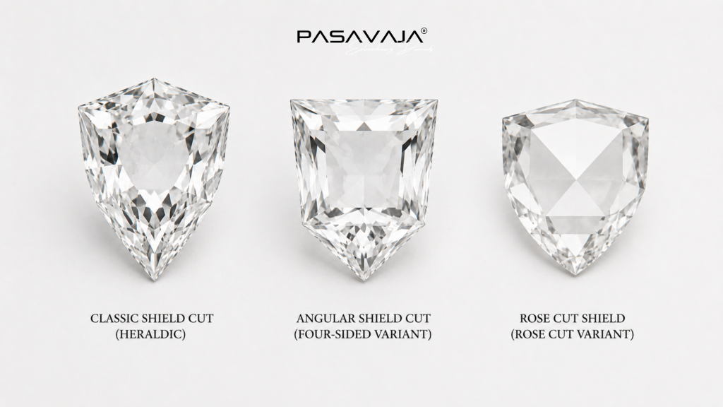 Shield cut diamond shape variations classic angular and rose cut comparison