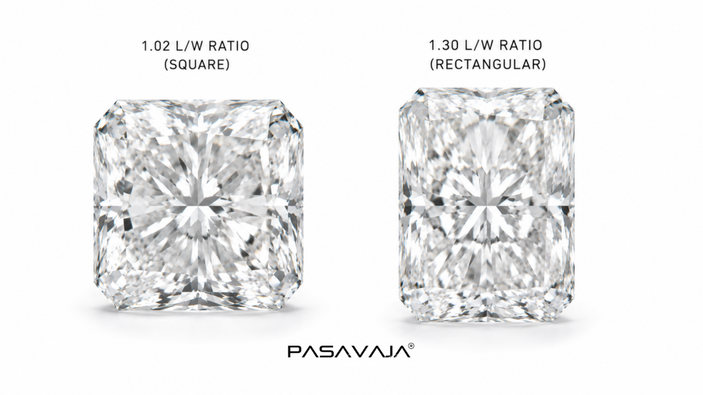 Square radiant 1.02 vs rectangular radiant 1.30 length to width comparison
